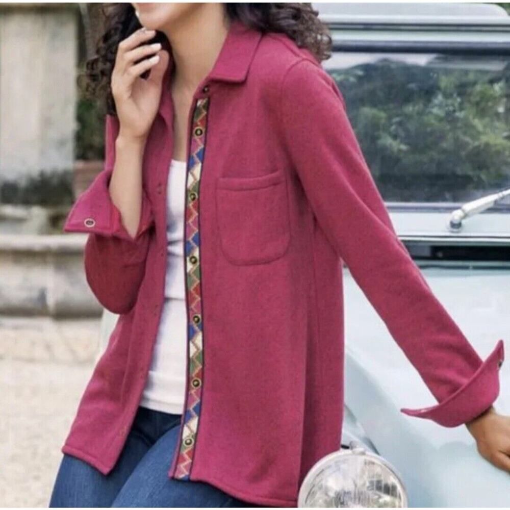 Soft Surroundings Womens Red Willow Fleece Shirt Jacket Embroidered Size L Large